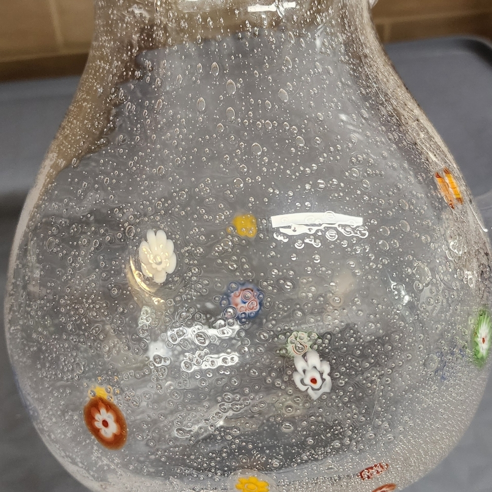 Hand blown clear bubble glass pitcher with flowers 9" beautiful flared top - Picture 3 of 11